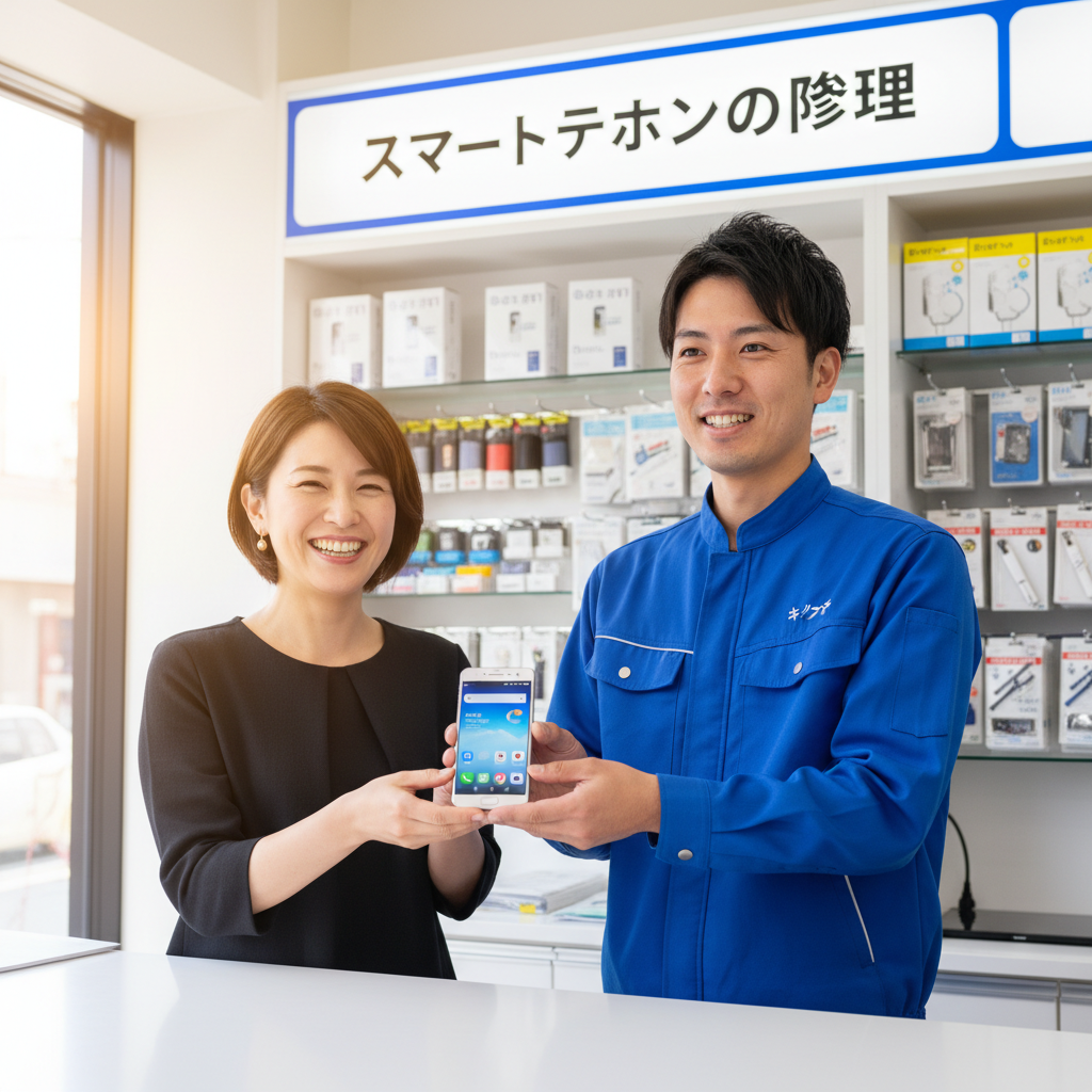 修理完了後にスマホを受け取るお客様