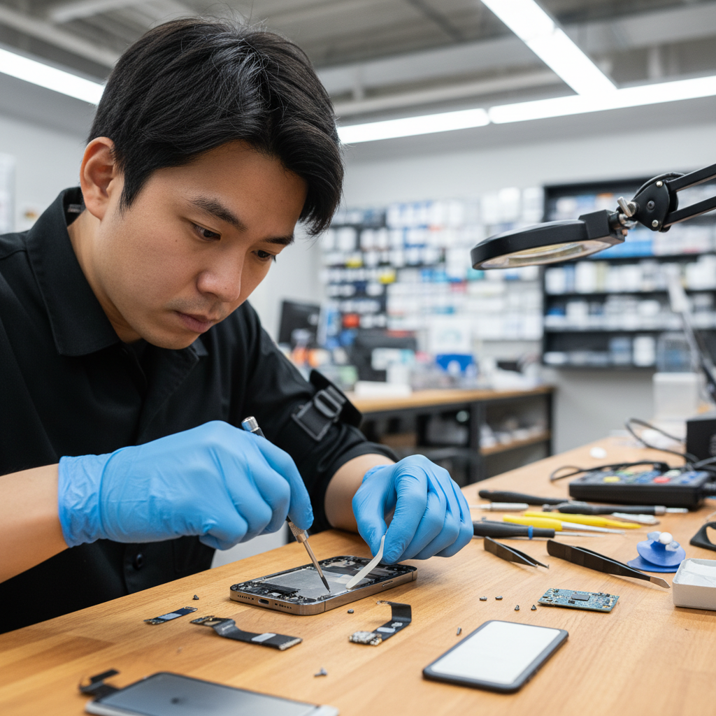 iPhoneのバッテリー交換修理を行う日本人技術者