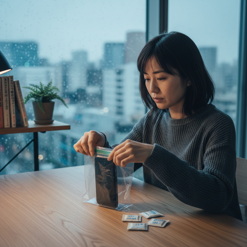 梅雨の湿気からスマホを守る乾燥剤保管の様子