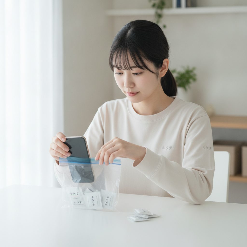 乾燥剤とスマホをジップロックに入れる応急処置