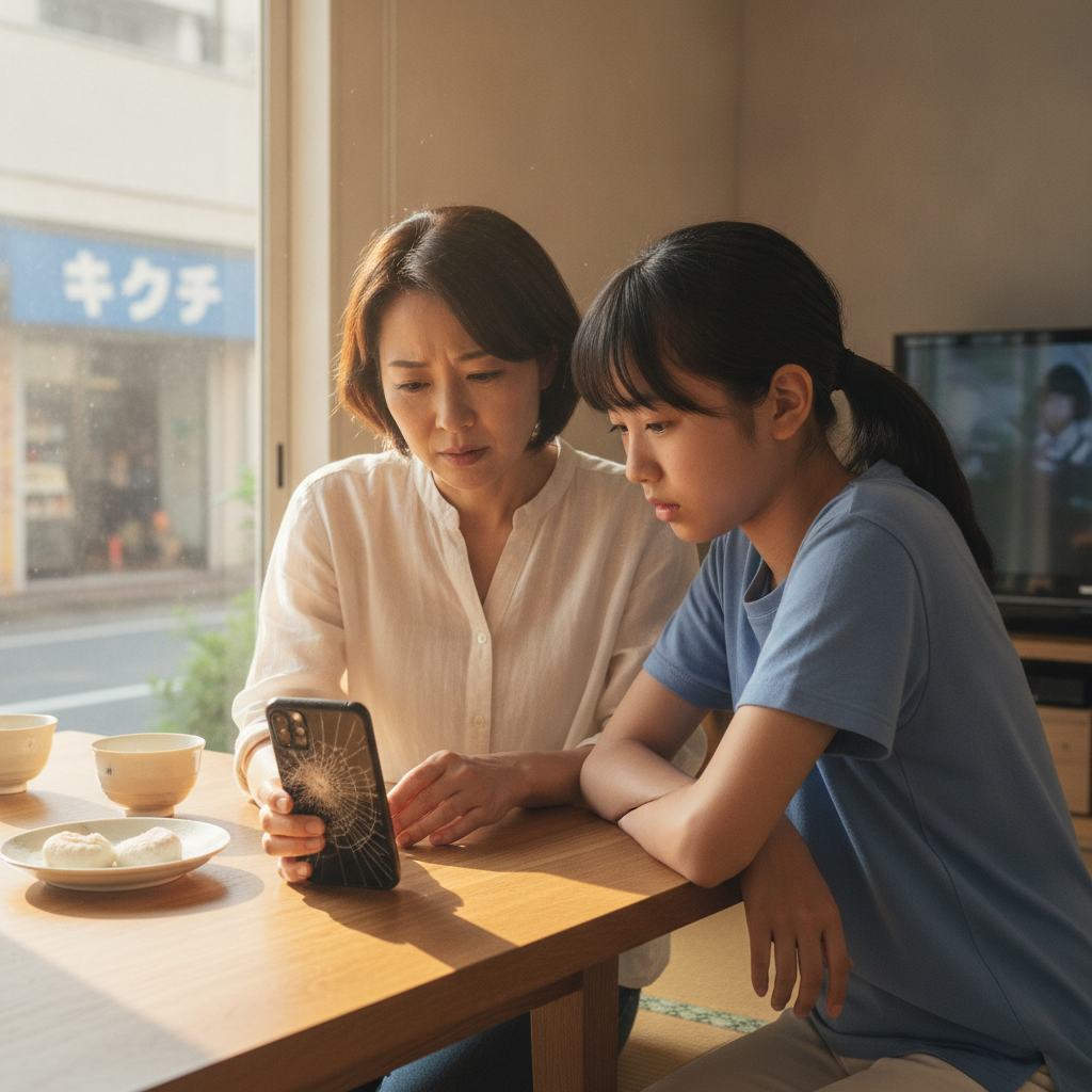 割れたスマホ画面を確認する母親と娘
