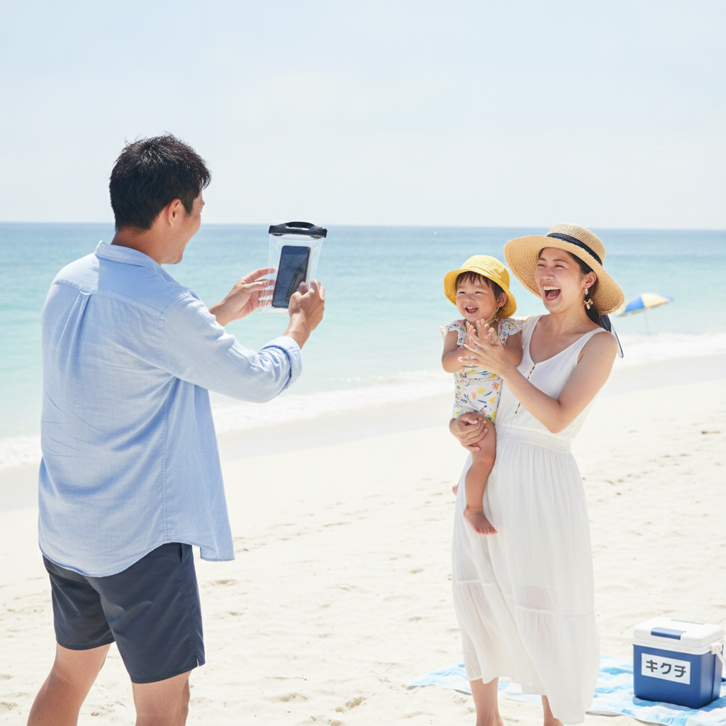 海で防水ケースを使用している家族