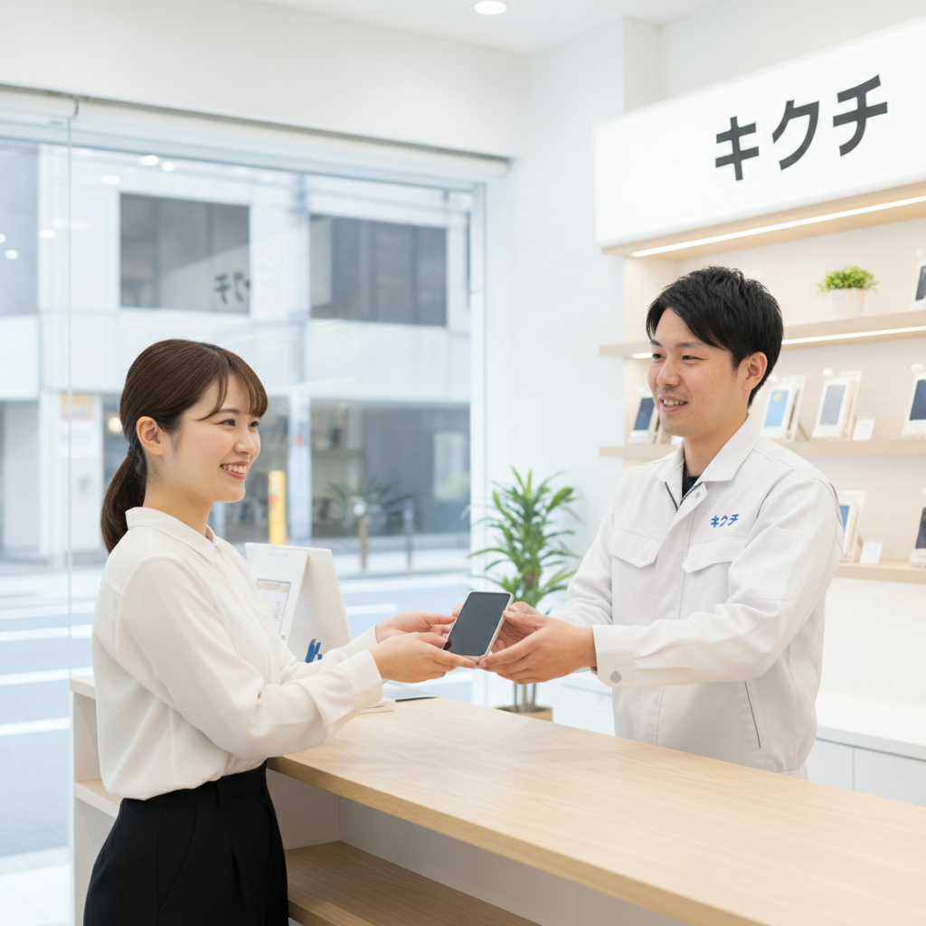 修理のキクチ 受付カウンターで修理を依頼する様子