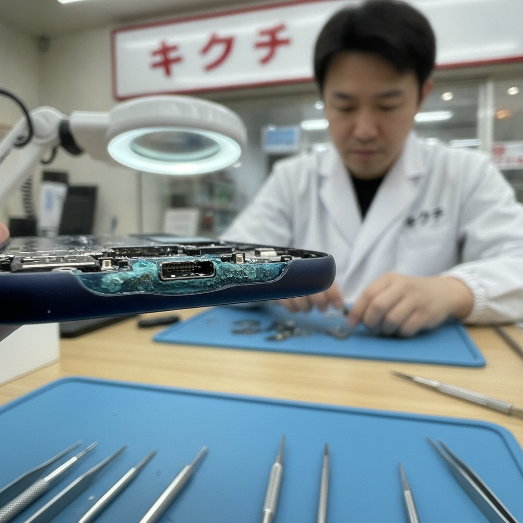 スマホ充電口の腐食と錆のクローズアップ写真