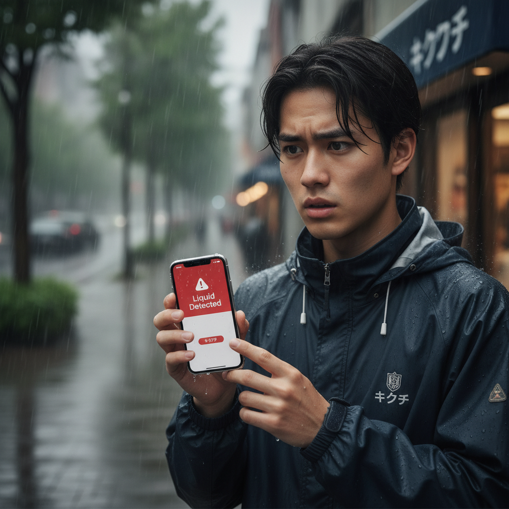 梅雨の雨の中でスマホの液体検知エラーに困る人