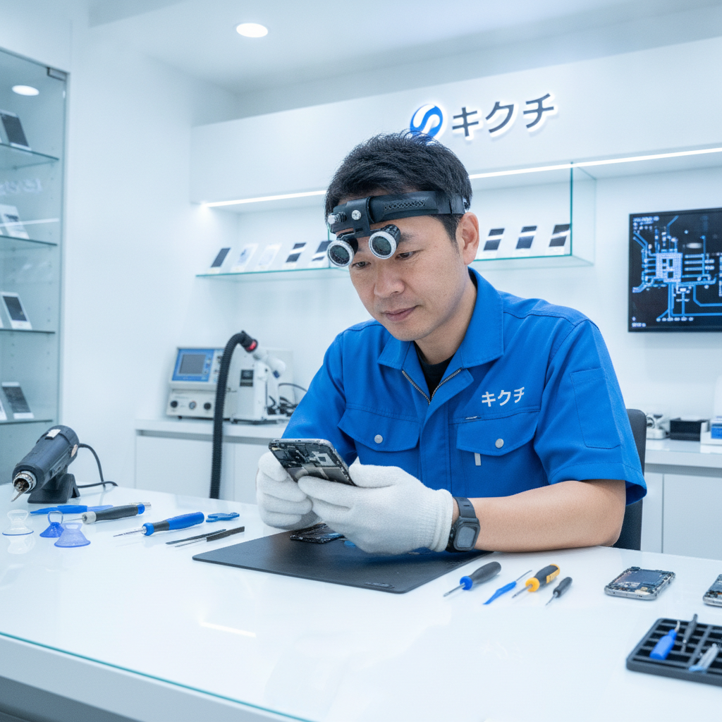 スマートフォン修理の技術者が端末を診断する様子