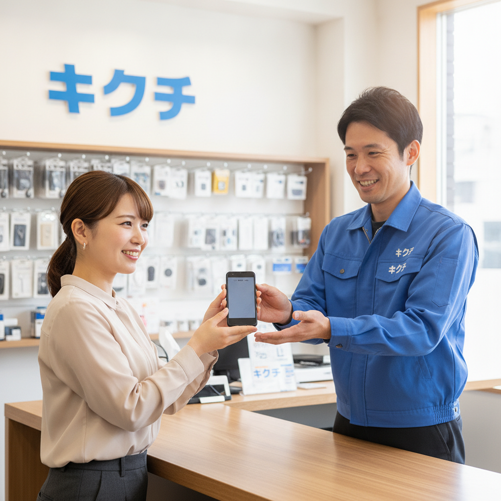 修理完了したスマートフォンをお客様にお渡しする様子