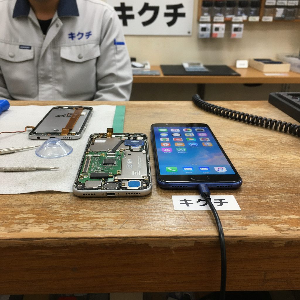 修理中の代替スマホについて説明するスタッフ