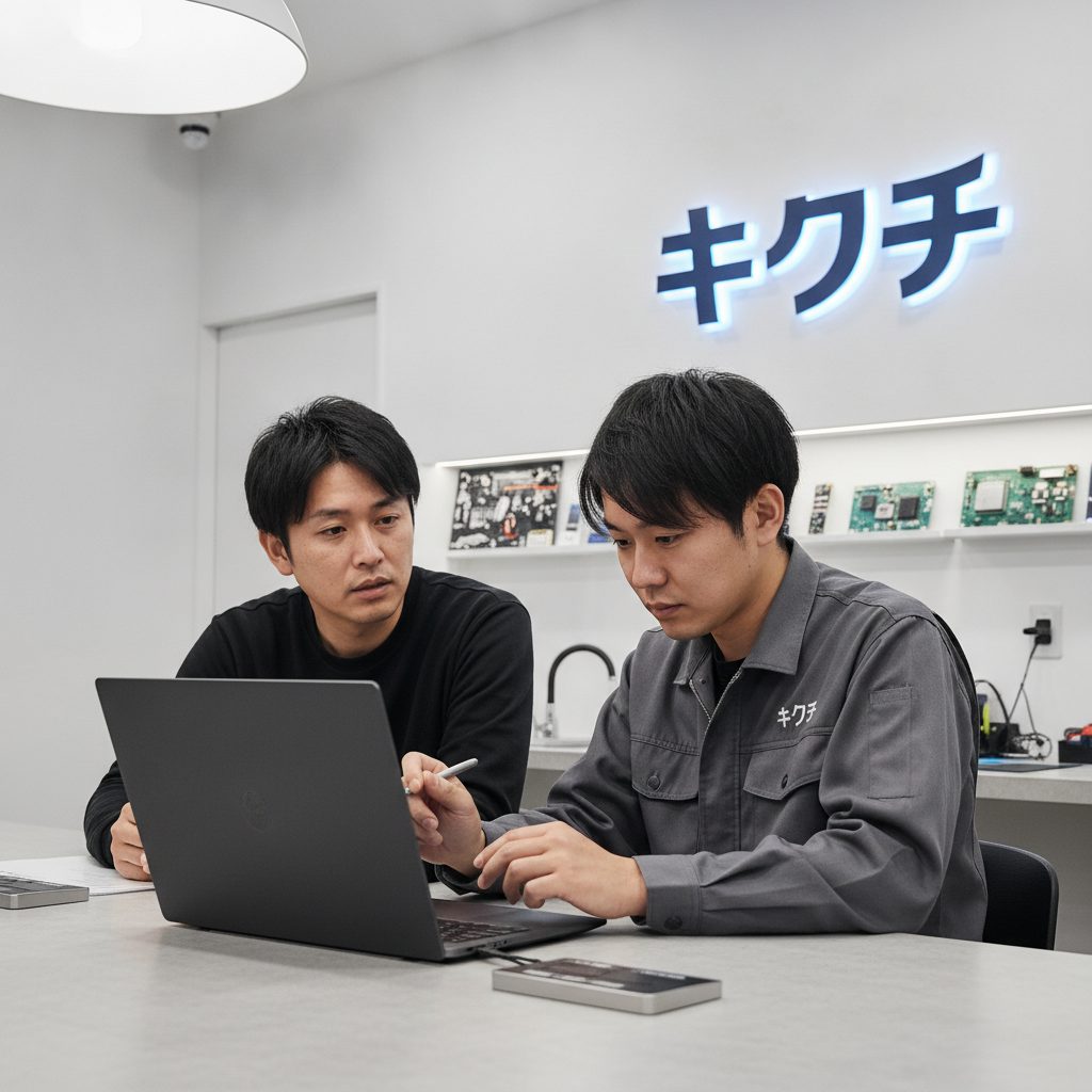 画面が真っ黒なスマホを修理するスタッフ