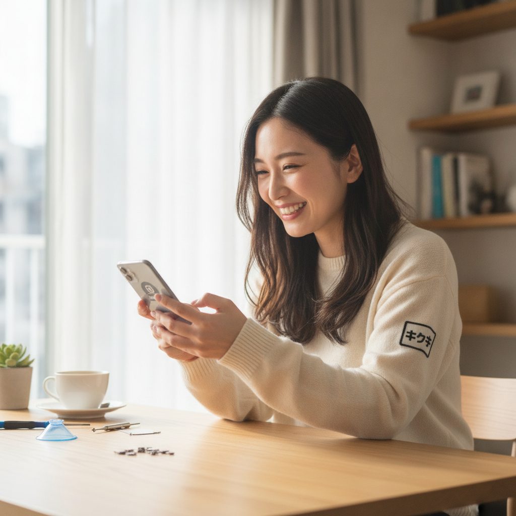 修理後のスマホを確認するお客様