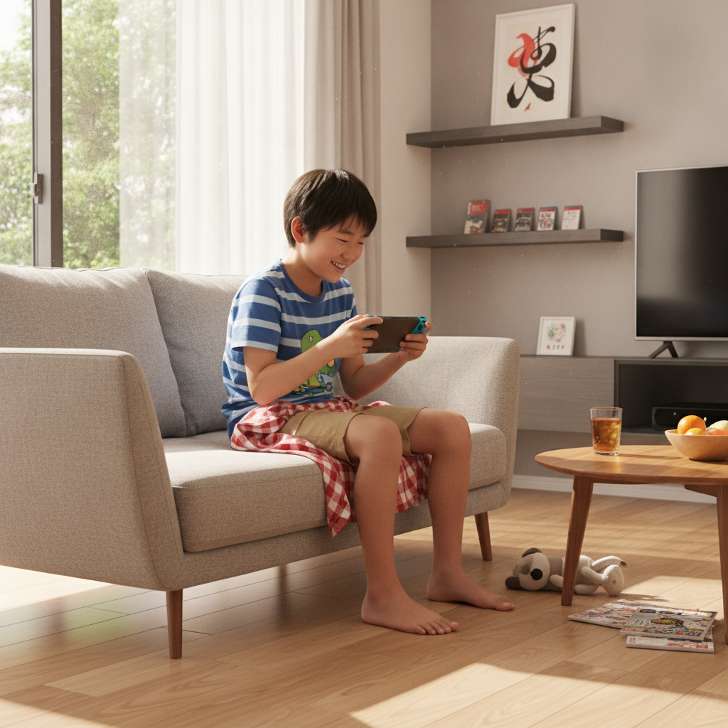 夏休みにNintendo Switchでゲームを楽しむ日本人の男の子
