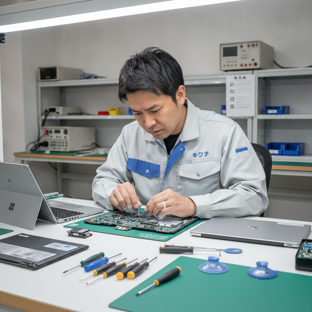 修理のキクチの技術者がSurface Proを修理している様子