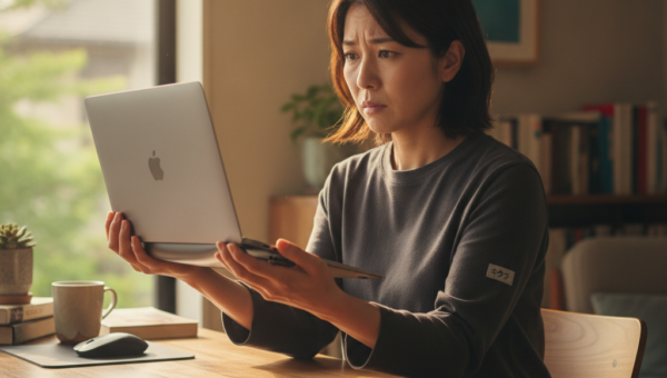 ノートパソコンのバッテリー膨張で本体が浮いている様子