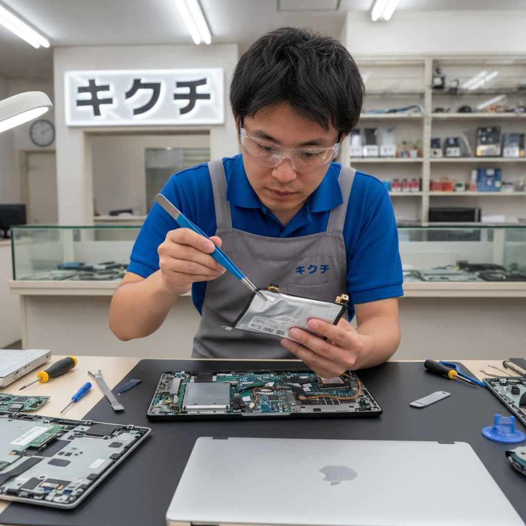 修理スタッフが膨張したバッテリーを点検している様子