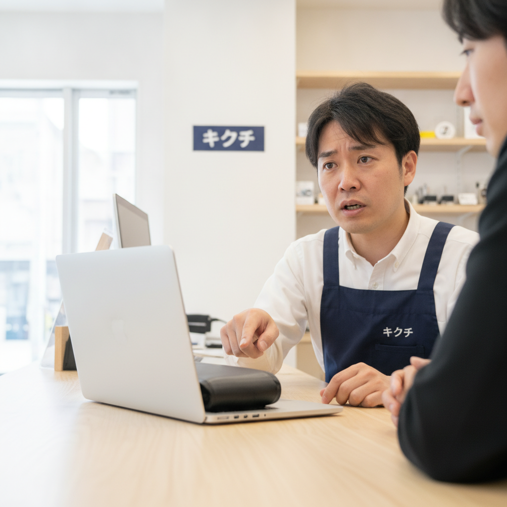 修理店でバッテリー膨張について説明する様子