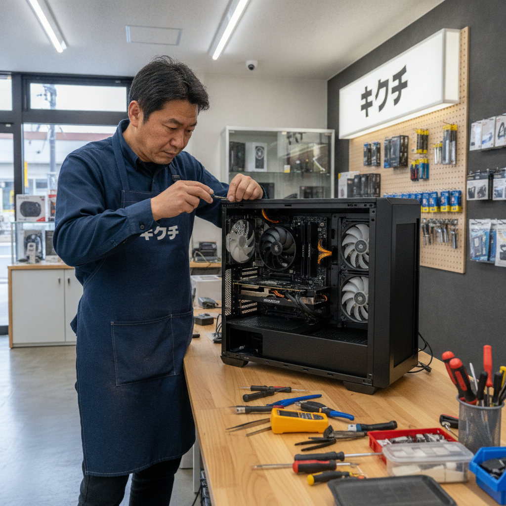 修理のキクチの技術者がゲーミングPCを修理している様子