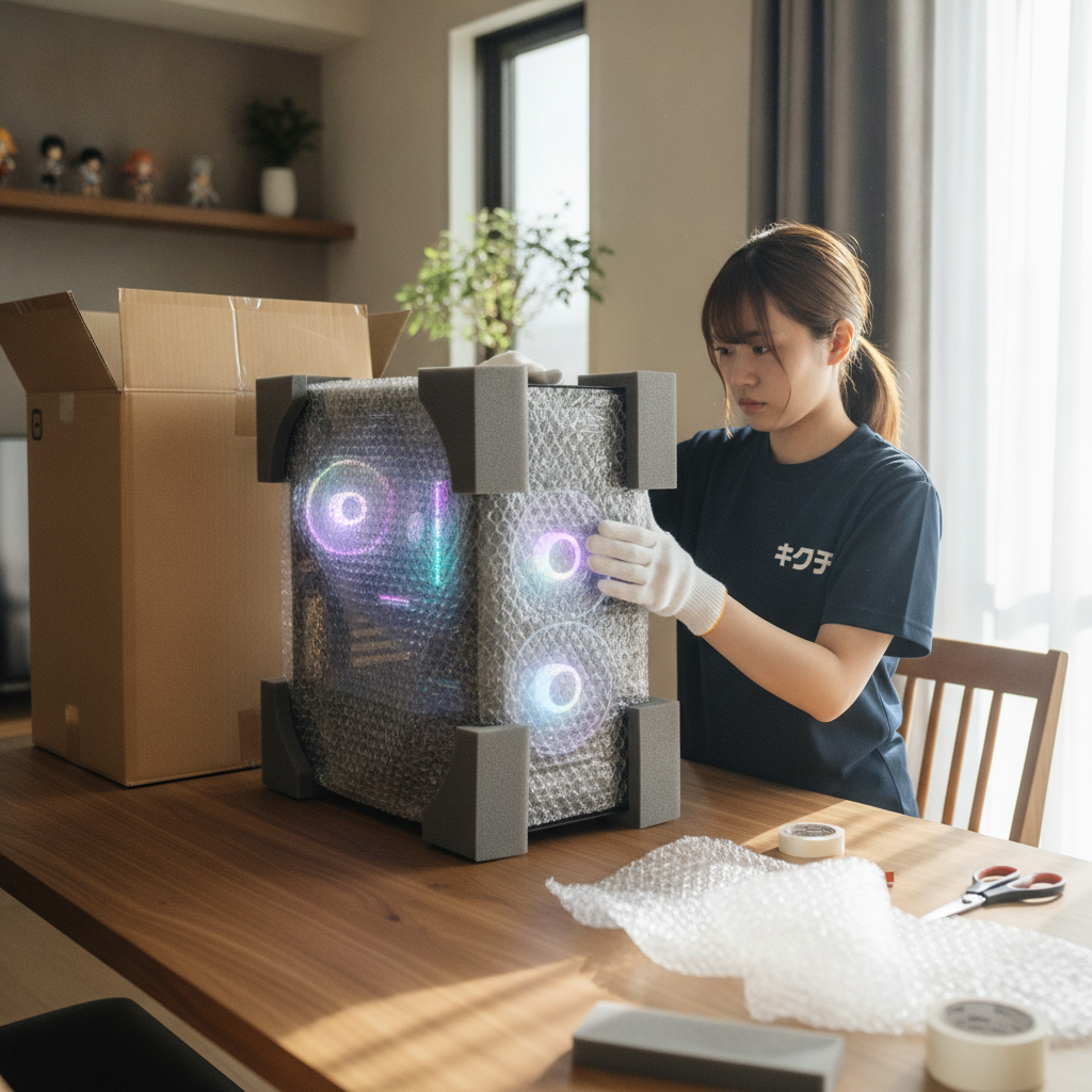 ゲーミングPCを郵送用に丁寧に梱包する様子