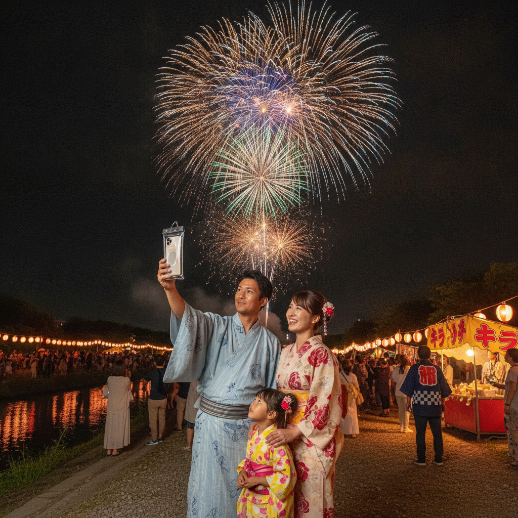 花火大会を楽しむ日本人家族