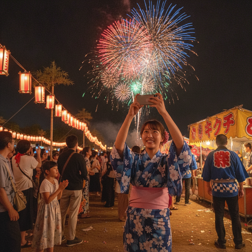 花火大会でスマホ撮影する浴衣姿の女性