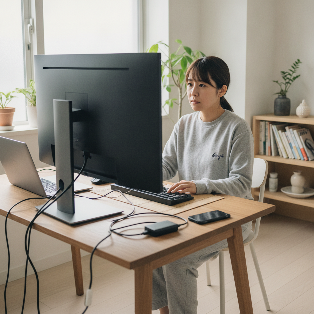 在宅ワーク中に外付けモニターの不具合をチェックする様子