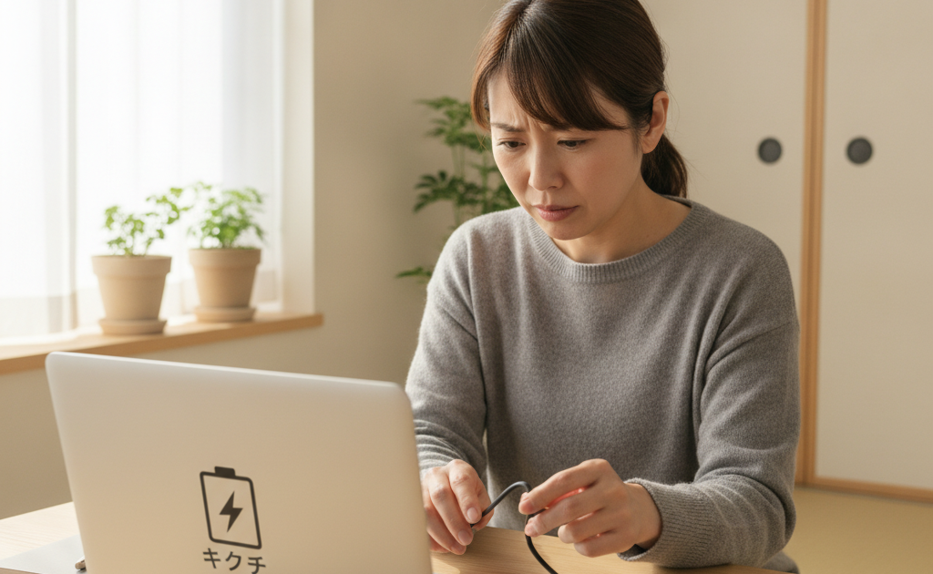 ノートパソコンが充電できず困る様子