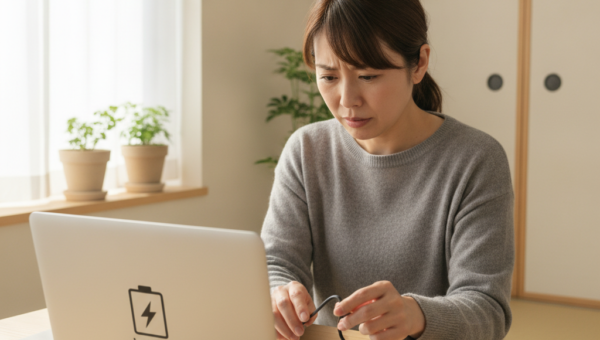 ノートパソコンが充電できず困る様子