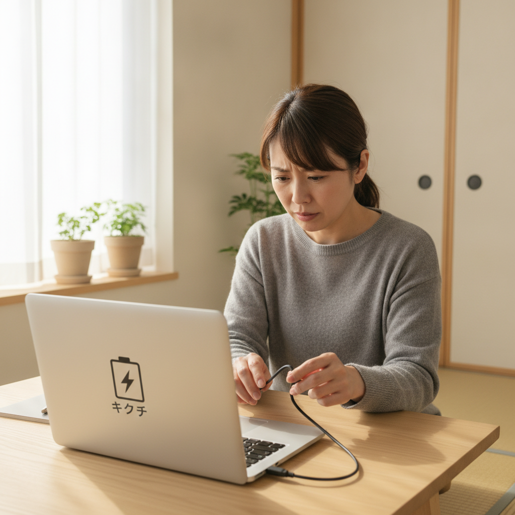 ノートパソコンが充電できず困る様子
