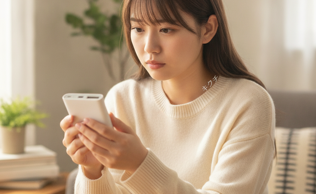 夏に膨張したモバイルバッテリーを確認する女性