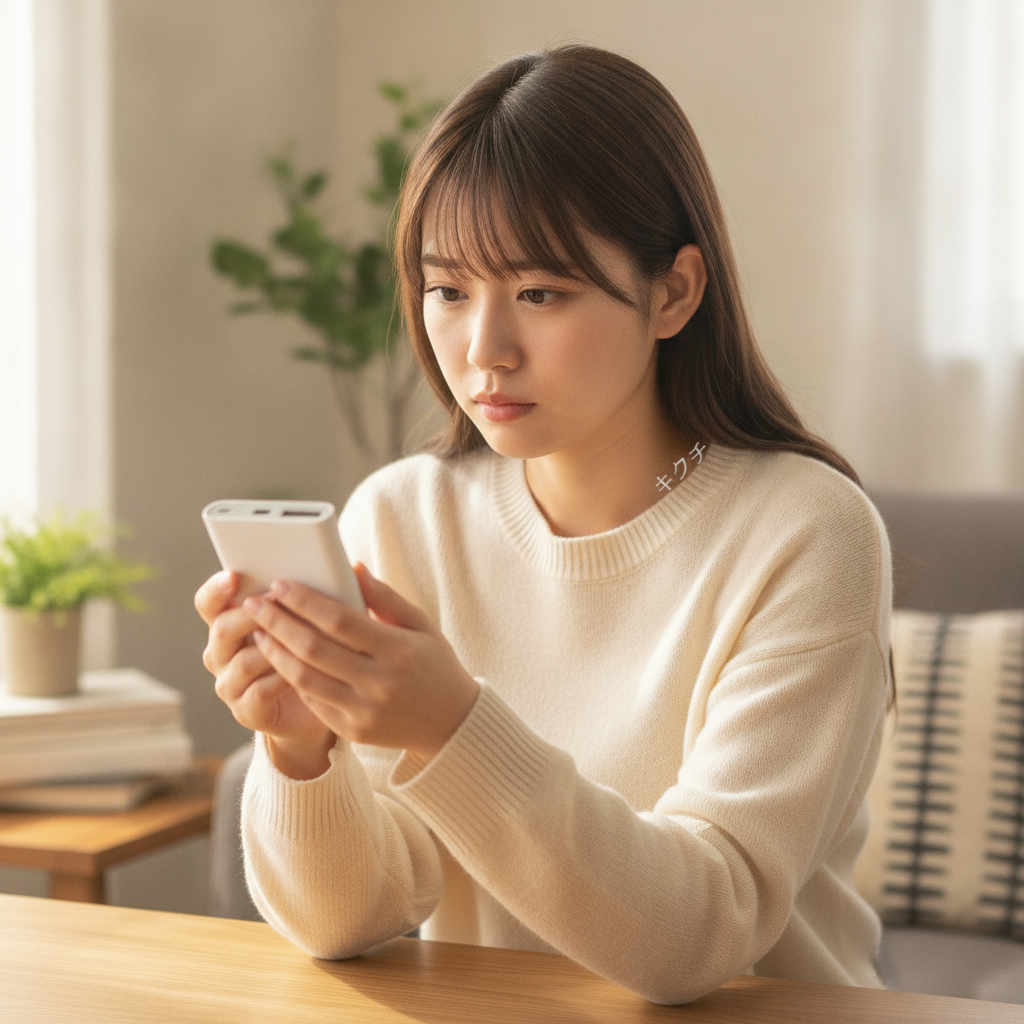 夏に膨張したモバイルバッテリーを確認する女性