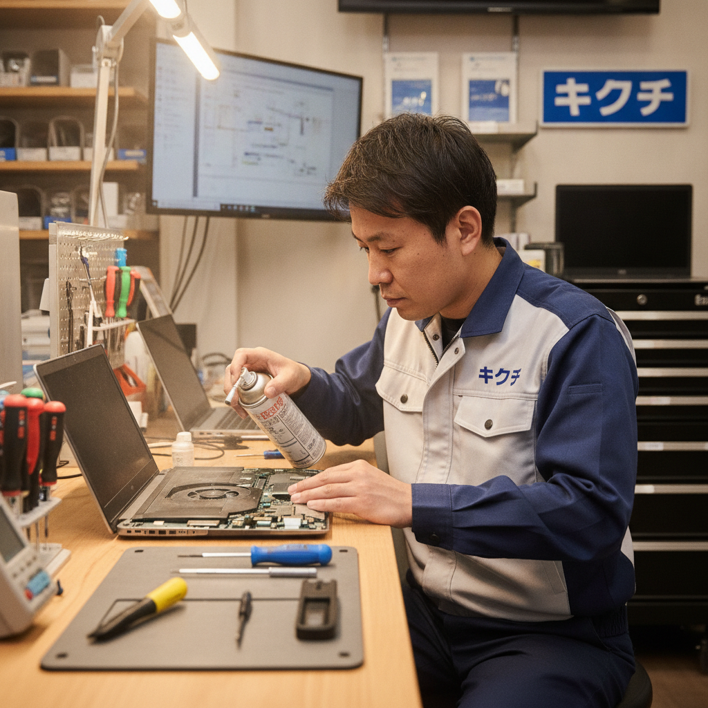 ノートパソコンの冷却ファンを清掃する修理のキクチのスタッフ