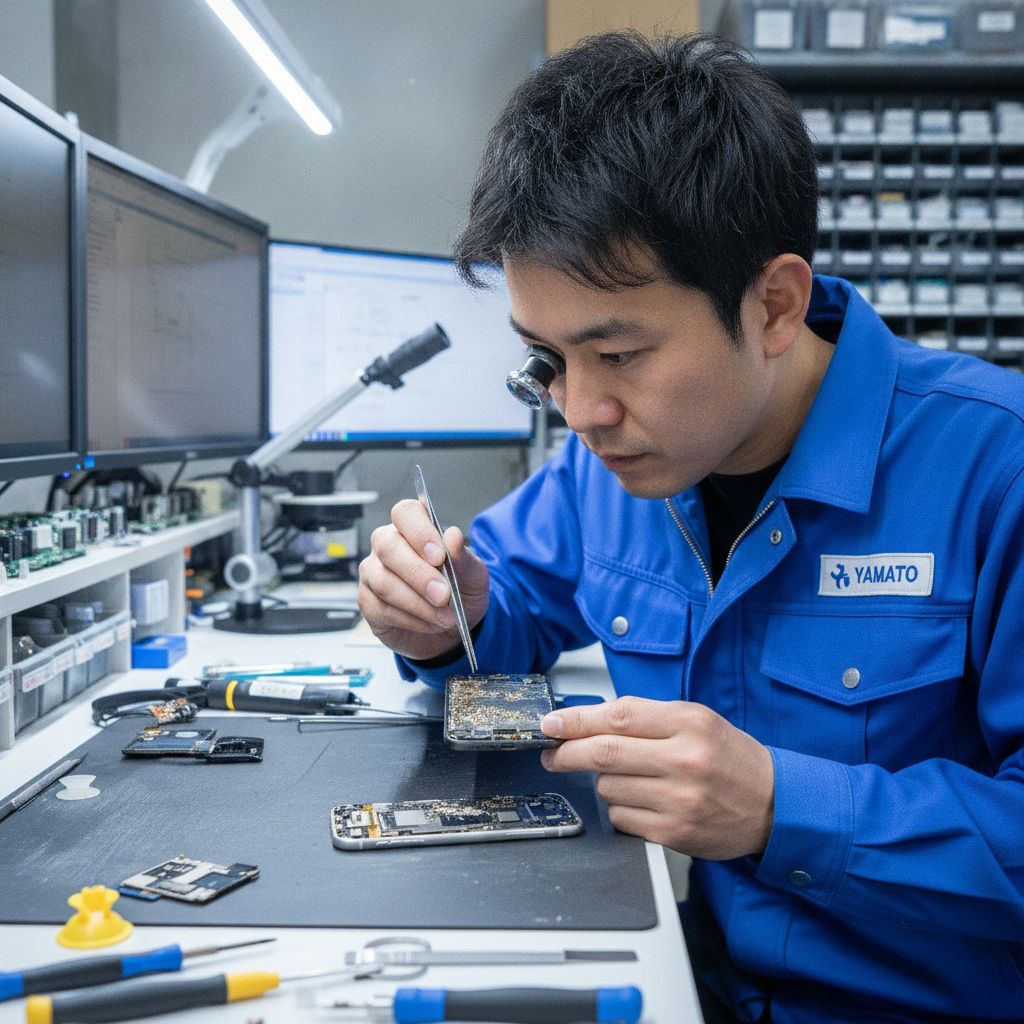修理のキクチスタッフが水没したスマホを検査している様子