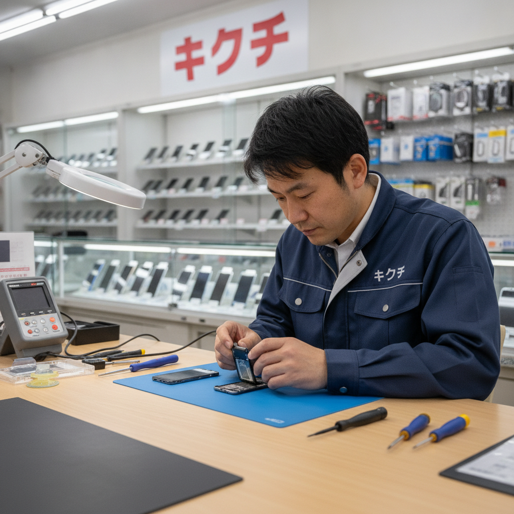 修理のキクチスタッフがスマホバッテリーを点検する様子