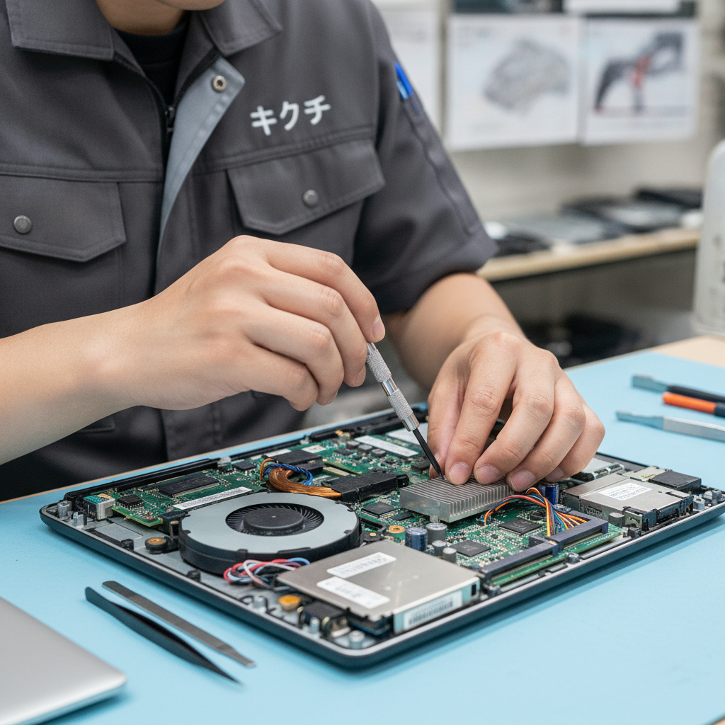 ノートパソコンの内部を点検する修理スタッフ