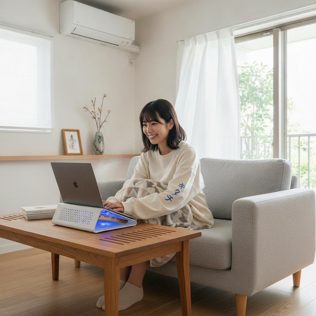 冷却スタンドを使って快適にノートパソコンを使用する様子