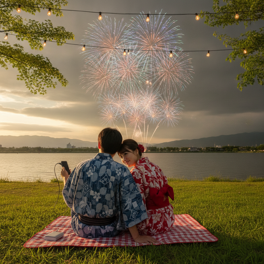 花火大会でモバイルバッテリーを使いながらスマホを充電するカップル