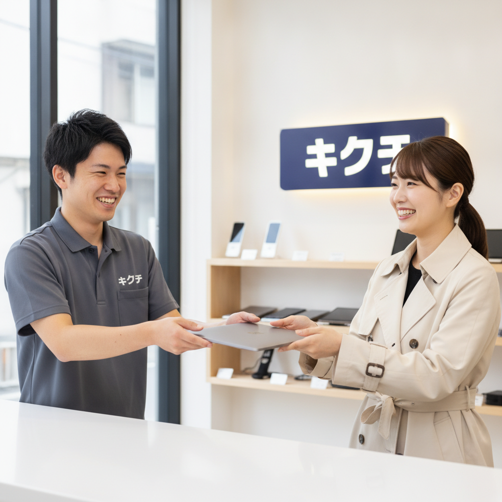 修理完了後にMacBookを受け取る様子