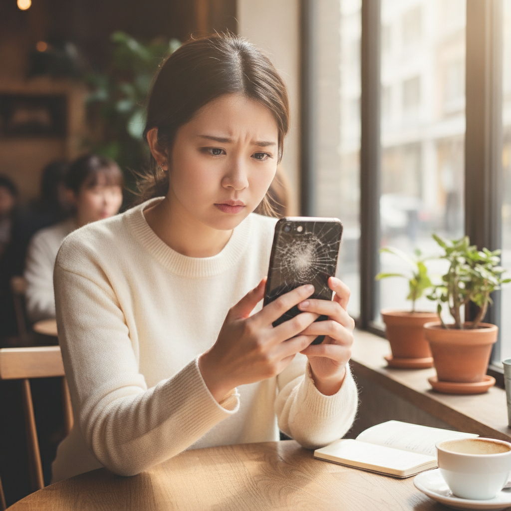 iPhoneの画面が割れて困っている女性