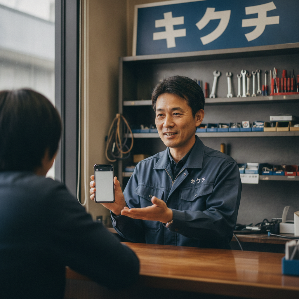 修理のキクチのスタッフが修理の説明をしている様子