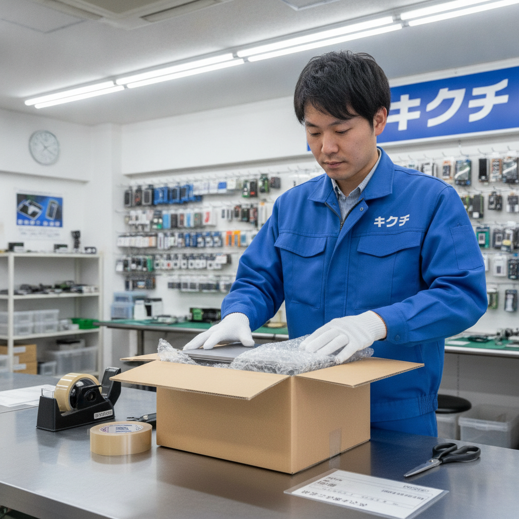 修理のキクチのスタッフが郵送修理用に梱包する様子