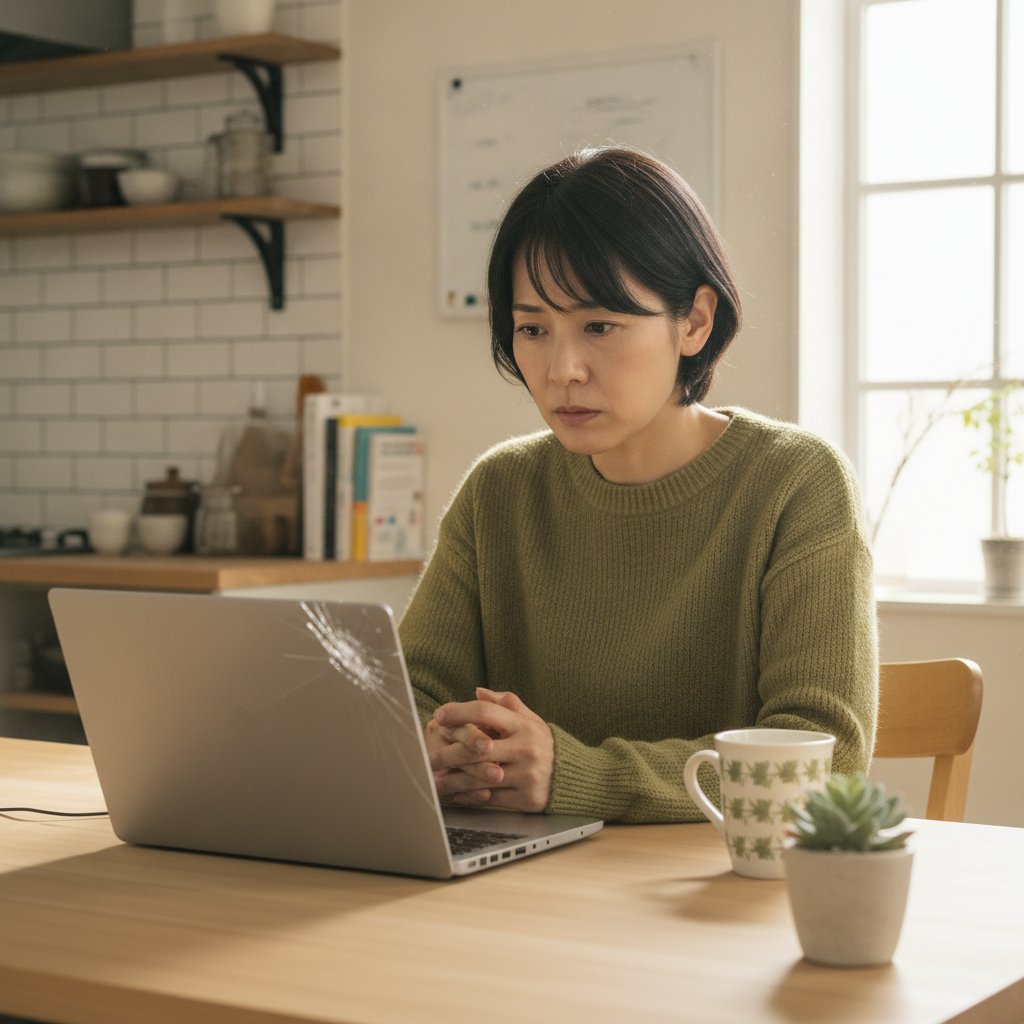 液晶割れのノートPCを見て困っている日本人女性