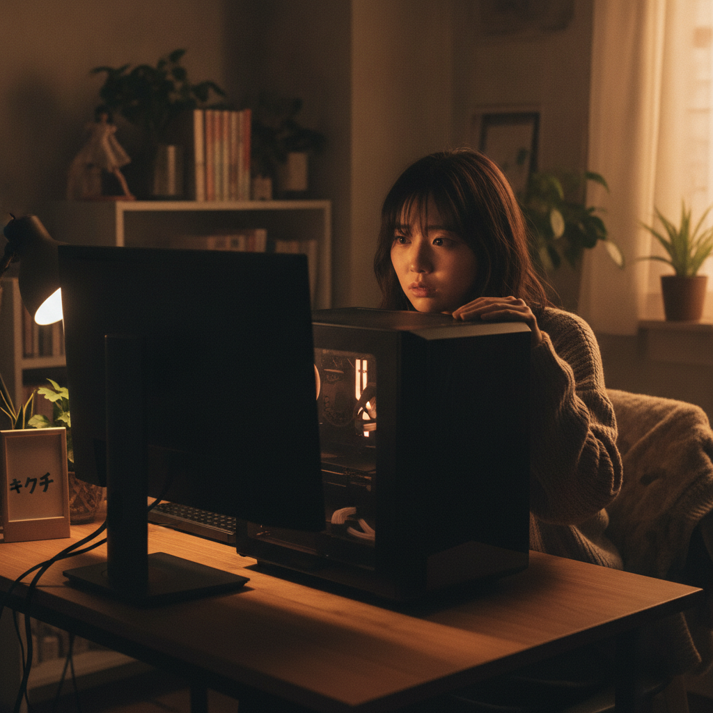画面が映らないBTOパソコンに困る女性