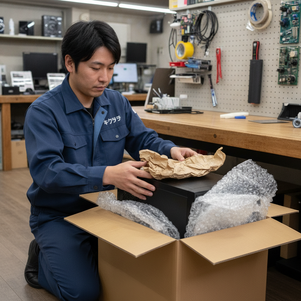 デスクトップパソコンを郵送修理用に梱包するスタッフ