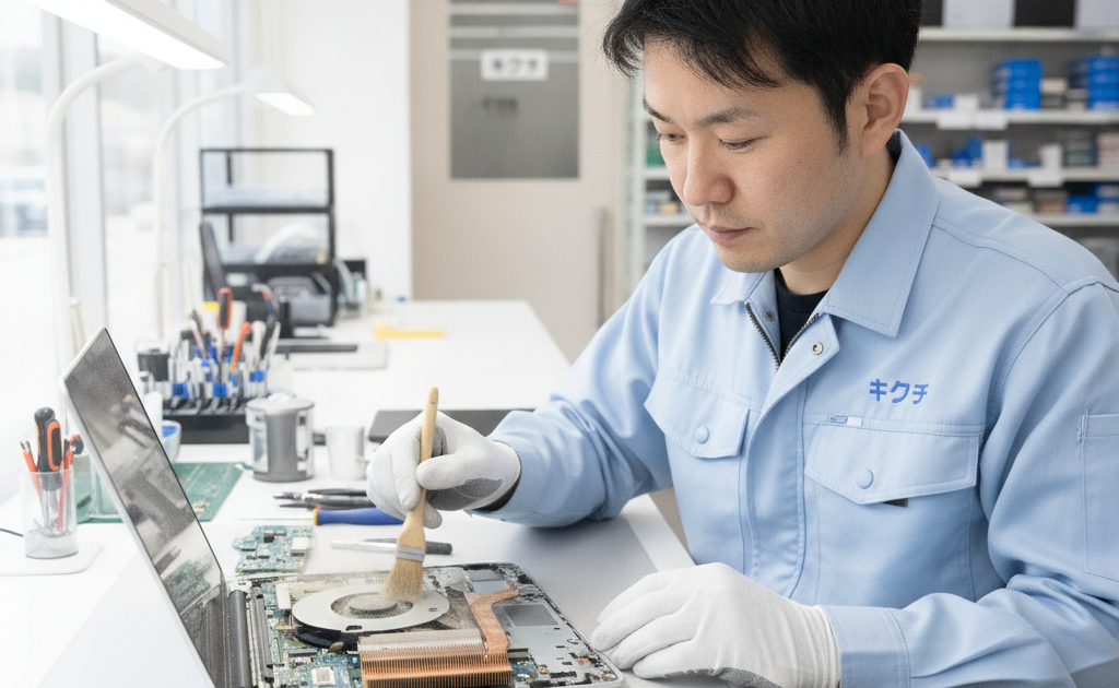 ノートパソコンの冷却ファンとヒートシンクを清掃する修理スタッフ