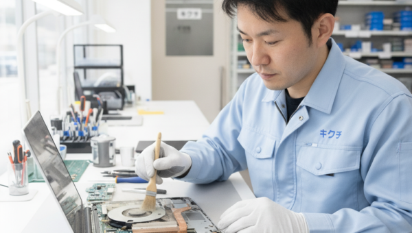 ノートパソコンの冷却ファンとヒートシンクを清掃する修理スタッフ