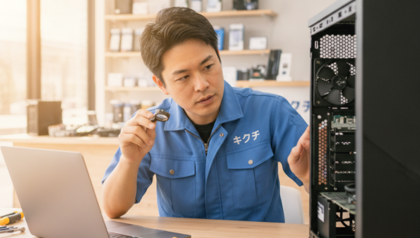 ノートパソコンとデスクトップパソコンを比較する修理スタッフ