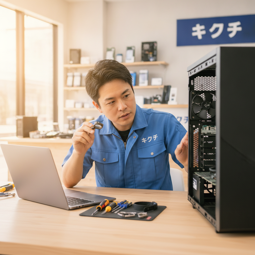 ノートパソコンとデスクトップパソコンを比較する修理スタッフ