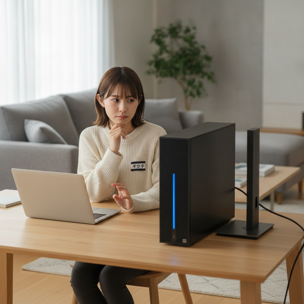 自宅でノートパソコンとデスクトップを見比べる女性