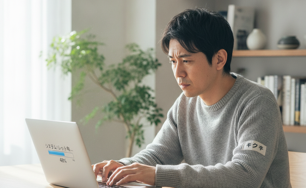 自宅でノートパソコンの初期化を実行する日本人男性