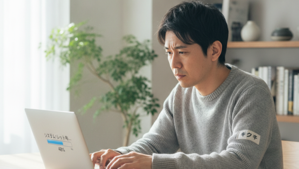 自宅でノートパソコンの初期化を実行する日本人男性