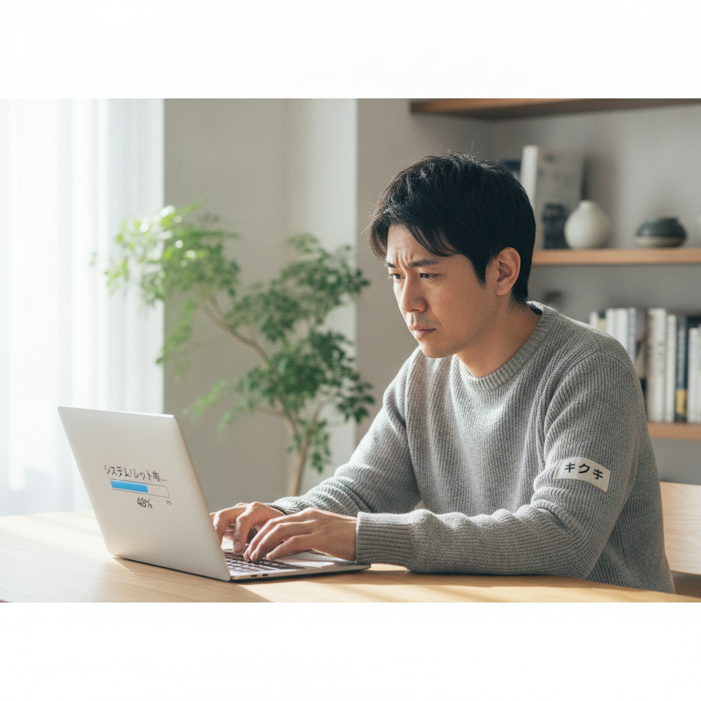 自宅でノートパソコンの初期化を実行する日本人男性
